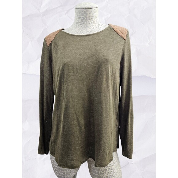 CS Women's M Massimo Dutti 100% Linen Light Knit Sweater W Leather Shoulder EUC - Picture 1 of 8